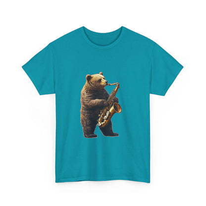 Saxophone Bear Unisex Heavy Cotton Tee, Music Lover Shirt, Gift for Musicians, Cute Animal Tee, Fun Jazz T-Shirt