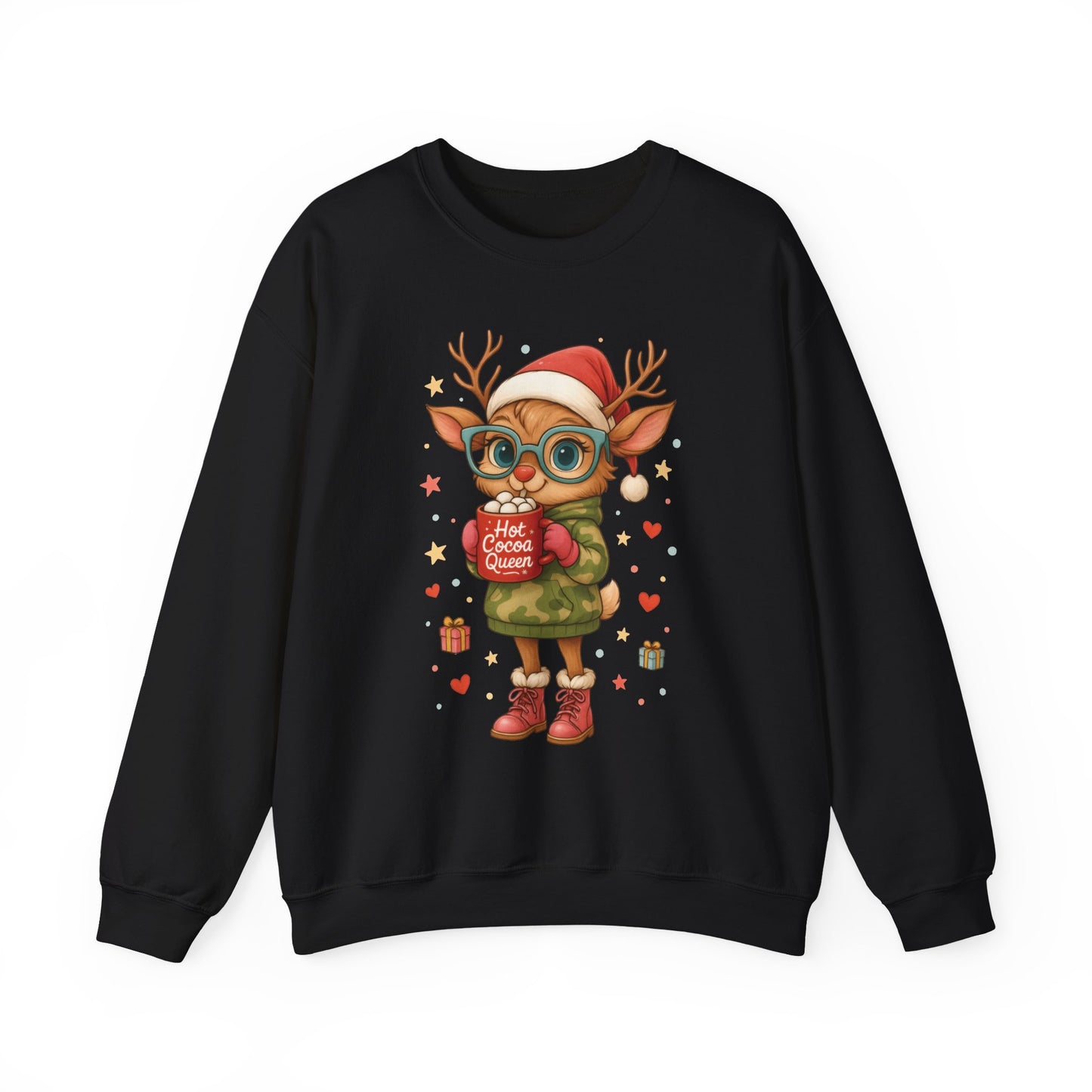 Hot Cocoa Queen Christmas Sweatshirt, Cute Cozy Holiday Reindeer Pullover