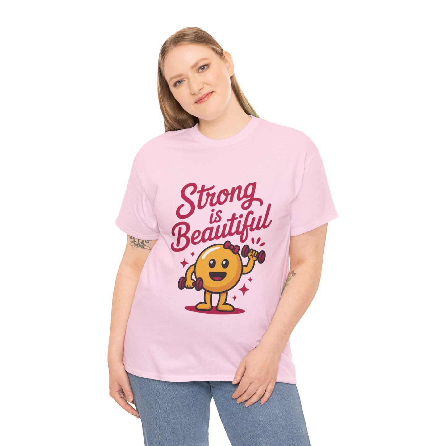 Strong is Beautiful Womens T-Shirt, Cute Fitness Character Graphic Tee, Inspirational Workout Shirt, Gym Motivation Gift for Her