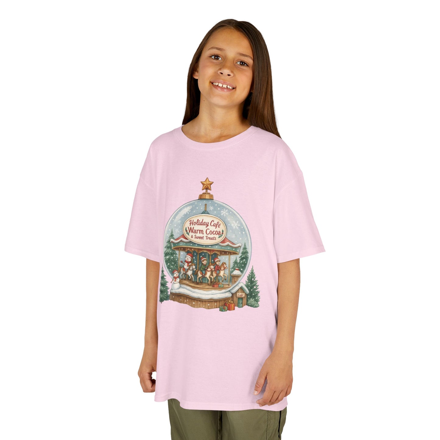 Youth Holiday Café Christmas T-Shirt, Warm Cocoa Carousel Kids Tee