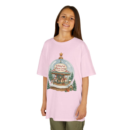Youth Holiday Café Christmas T-Shirt, Warm Cocoa Carousel Kids Tee
