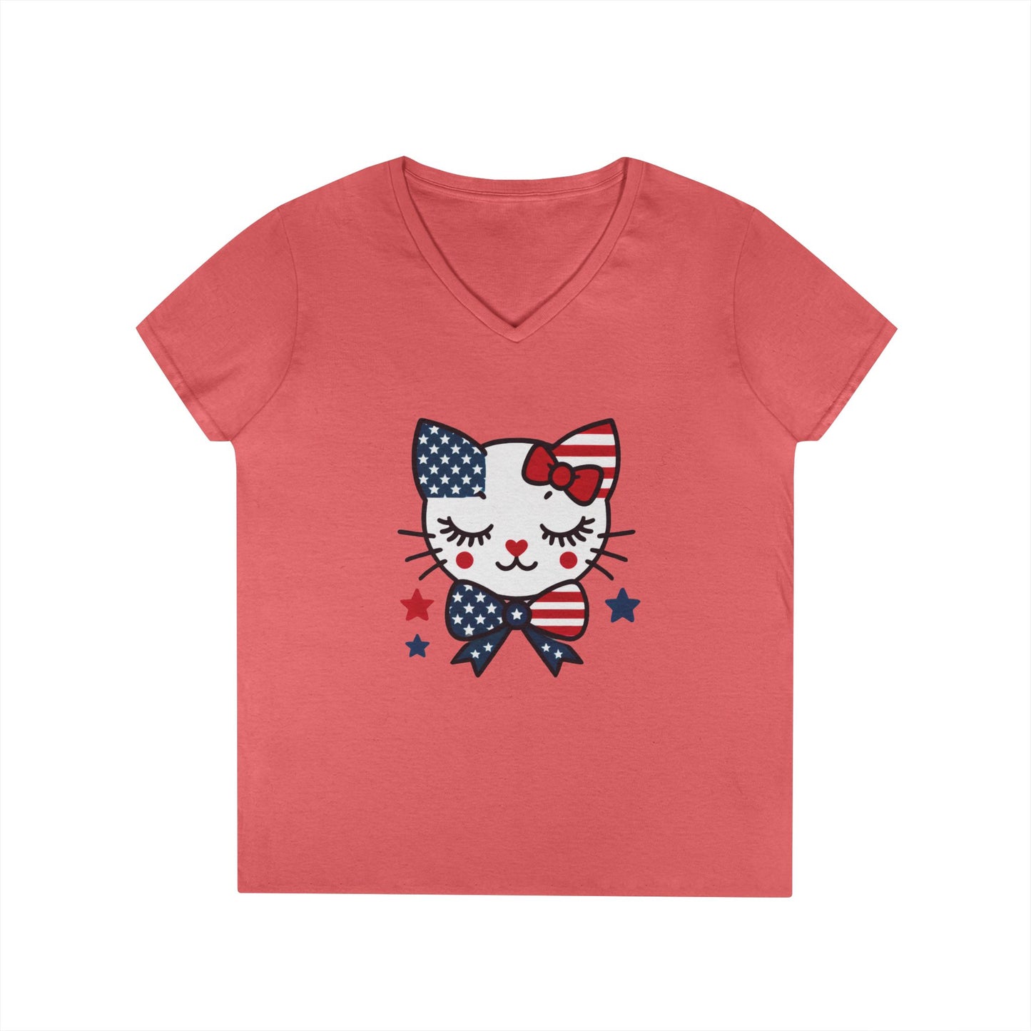 Patriotic Cat Ladies' V-Neck T-Shirt, Cute Tee, July 4th Top, Independence Day Shirt, Gift for Cat Lovers, Casual Summer Wear