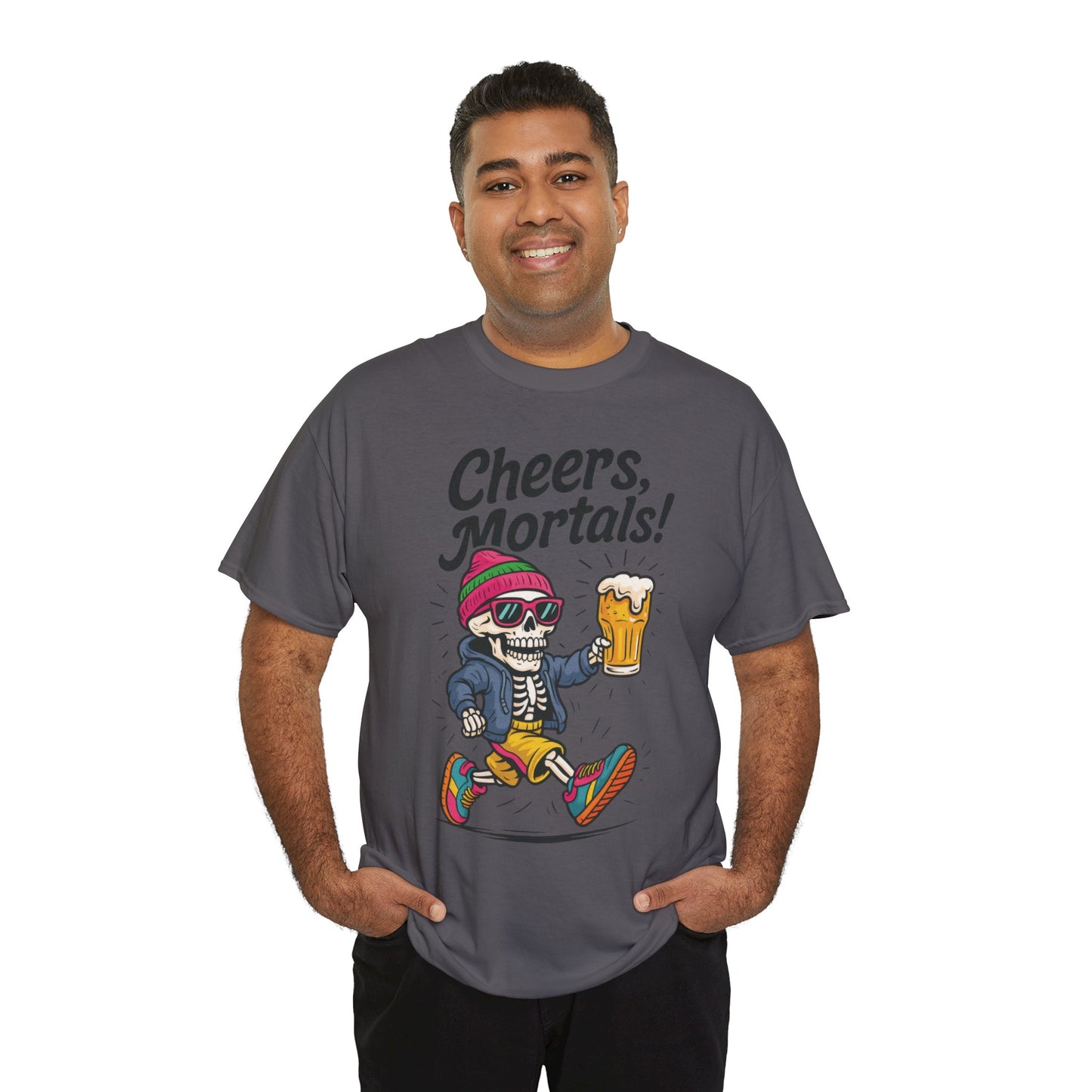 Cheers, Mortals! Mens Tee, Funny Skeleton Beer Graphic Tee, Cool Drinking Humor Shirt, Party Gift for Him, Halloween Tee,  Beer Lovers Gift