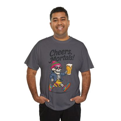 Cheers, Mortals! Mens Tee, Funny Skeleton Beer Graphic Tee, Cool Drinking Humor Shirt, Party Gift for Him, Halloween Tee,  Beer Lovers Gift