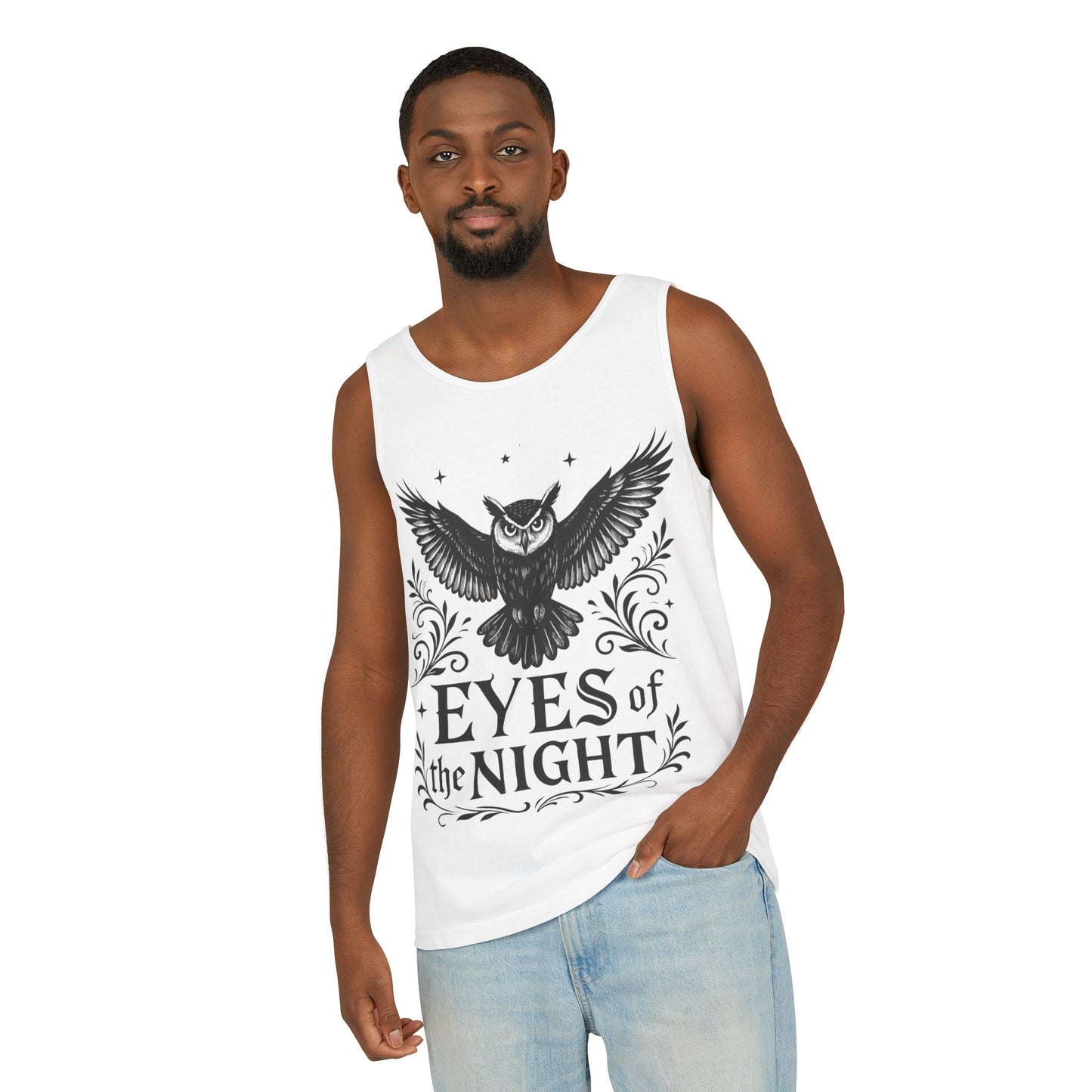 Eyes of the Night Owl Tank Top, Mens Summer Wear, Boho Aesthetic, Festival Outfit, Nature Lover Gift, Halloween Apparel