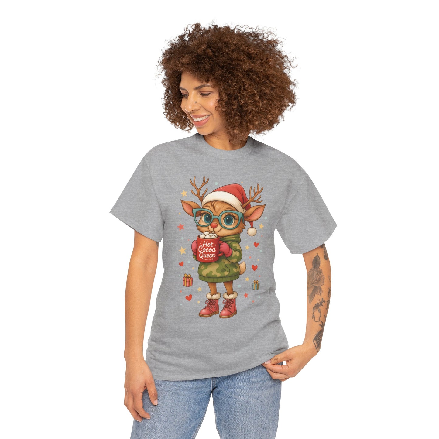 Hot Cocoa Queen Christmas T-Shirt, Cute Holiday Reindeer Tee for Women