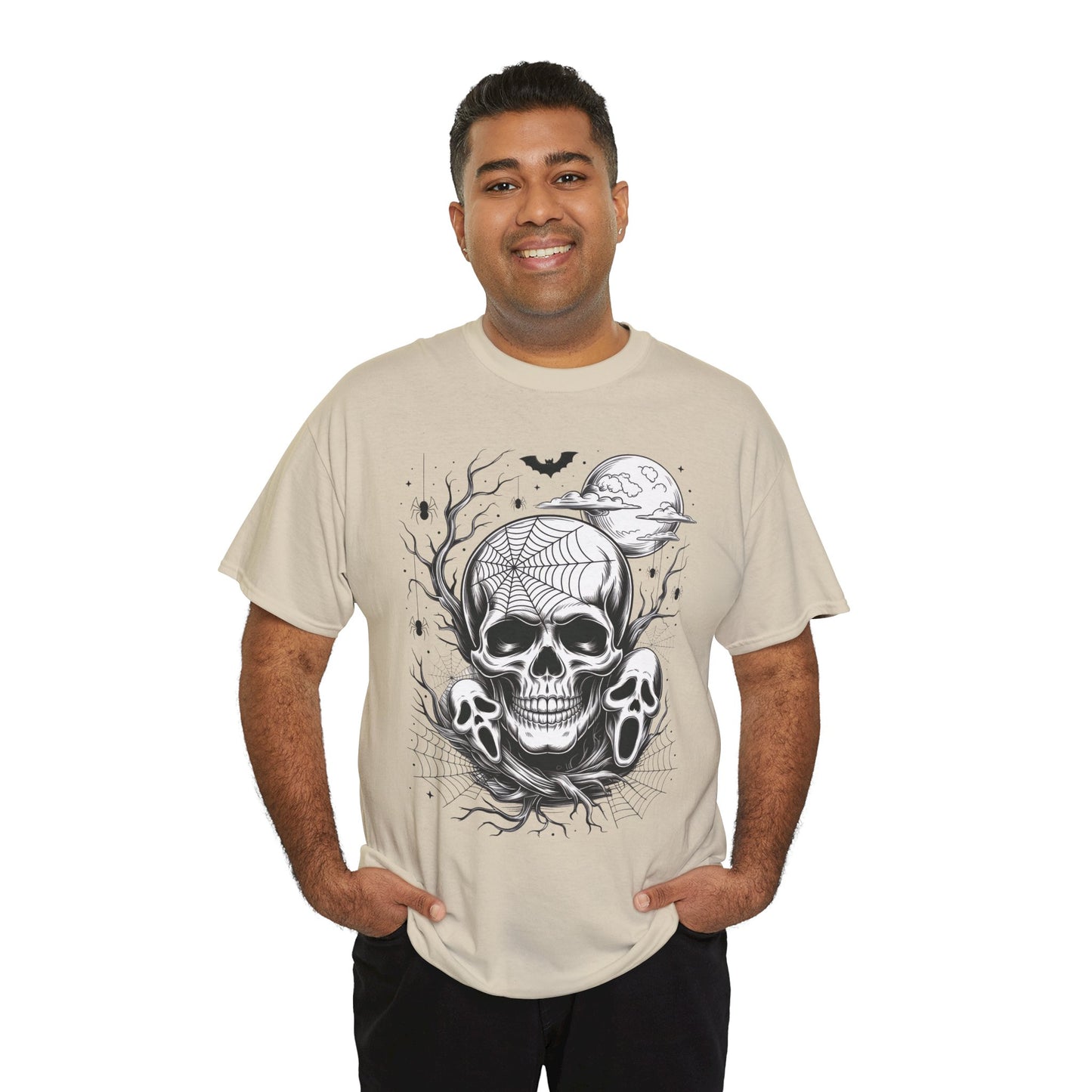 Men's Gothic Skull T-Shirt, Halloween Graphic Tee, Spider Web & Moon Horror Shirt, Spooky Skull Graphic Top for Him