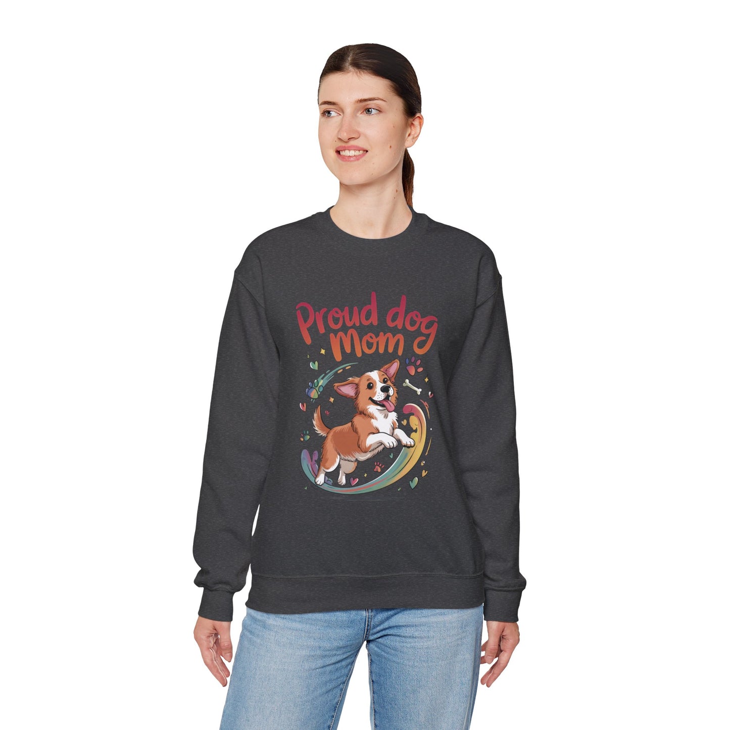 Proud Dog Mom Crewneck Sweatshirt, Pet Lover Gift, Dog Mom Apparel, Animal Lover Clothing, Gift for Dog Moms, Puppy Paw Rainbow Print