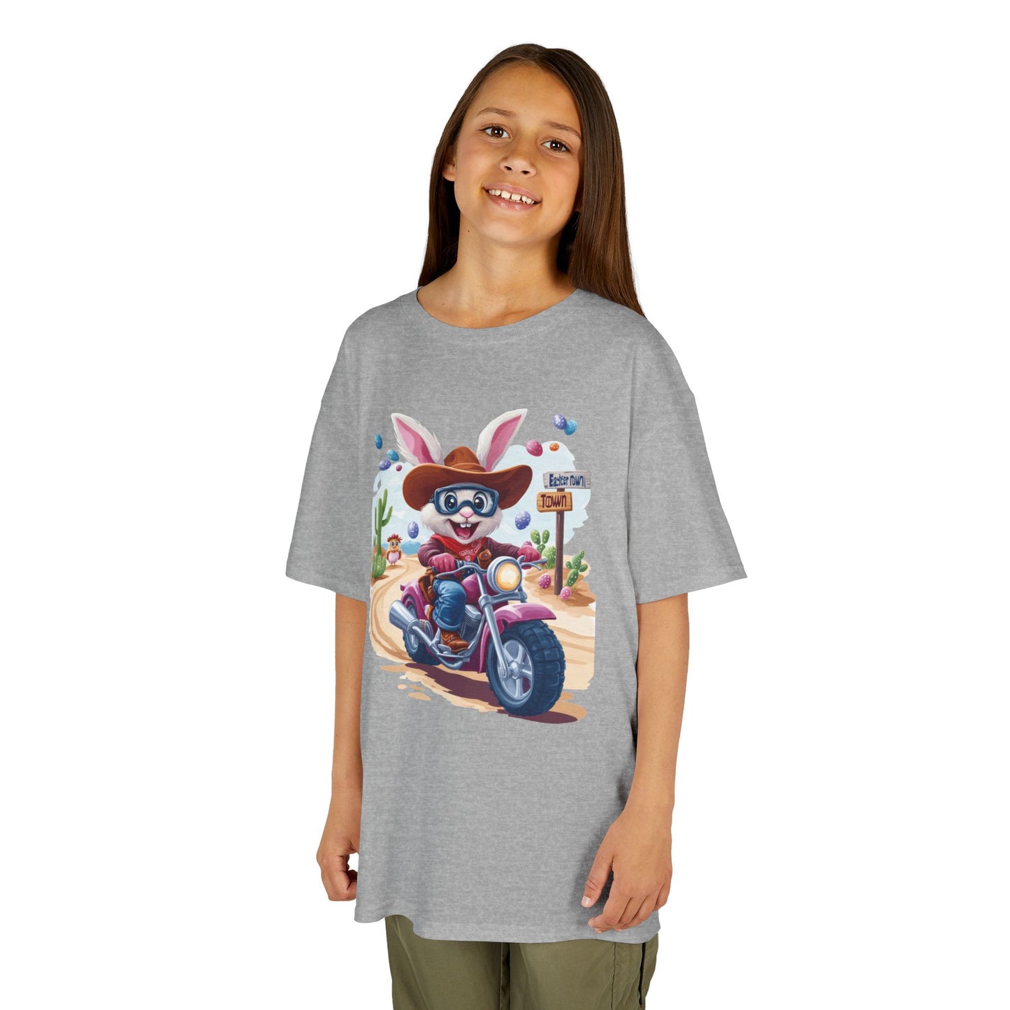 Biker Bunny Kids Tee - Fun Easter Shirt for Boys & Girls, Cute Spring Outfit with Motorcycle Rabbit Heavy Cotton Toddler T-Shirt Bunny Rider
