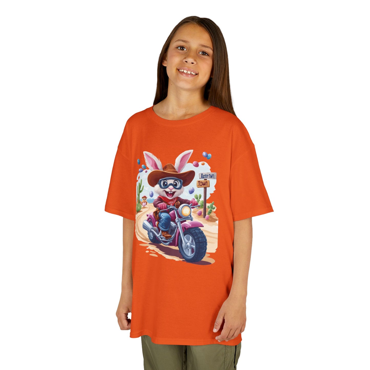 Biker Bunny Kids Tee - Fun Easter Shirt for Boys & Girls, Cute Spring Outfit with Motorcycle Rabbit Heavy Cotton Toddler T-Shirt Bunny Rider