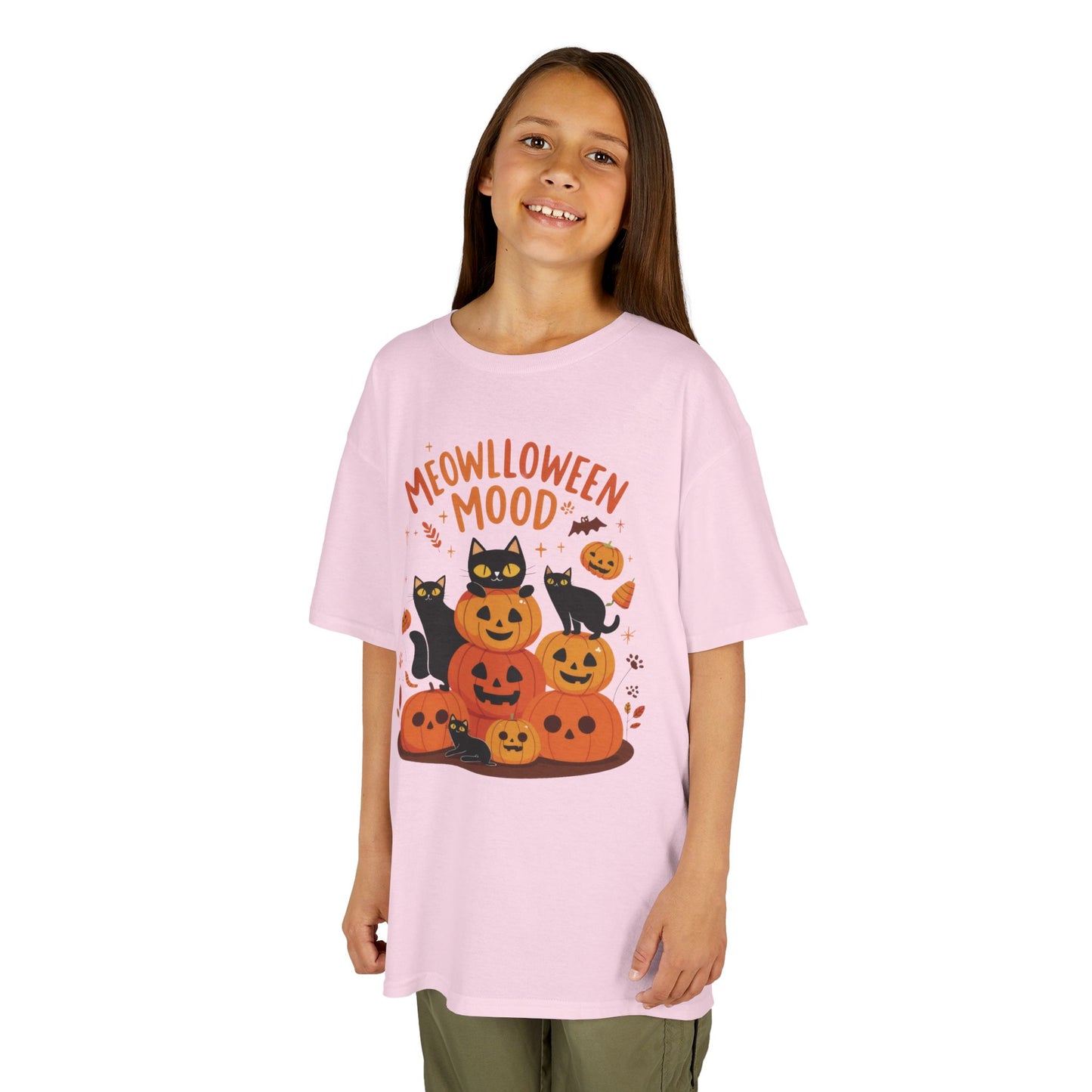 Meowlloween Mood Kids Shirt, Cute Black Cat Halloween T-Shirt for Girls and Boys, Funny Pumpkin Cat Tee, Cozy Fall Cat Lover Gift