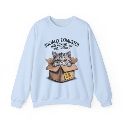 Socially Exhausted Cat Sweatshirt, Funny Cat Crewneck, Gift for Cat Lovers, Cozy Unisex Pullover, Weekend Comfort Apparel