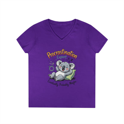 Procrastination Expert Ladies' V-Neck T-Shirt, Fun Tee for Lazy Days, Gift for Students, Casual Wear, Motivational Shirt, Cute Koala Design