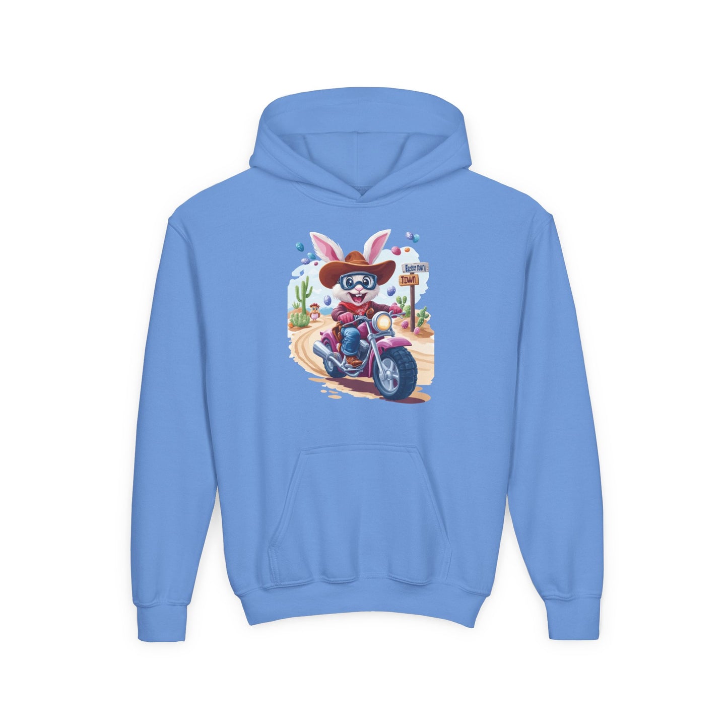 Easter Biker Bunny Youth Hoodie - Fun Spring Sweatshirt for Kids with Cute Motorcycle Bunny, Perfect for Easter & Holiday Gifting