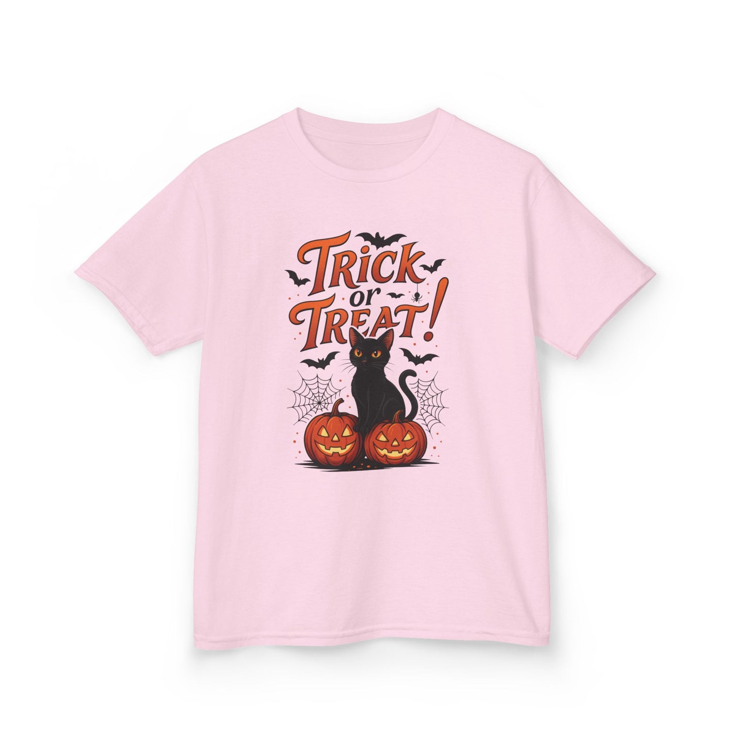 Cute Trick or Treat Black Cat T-Shirt for Girls Boys, Fun Spooky Halloween Tee, Pumpkin Cat Shirt for Kids, Fall Party Outfit