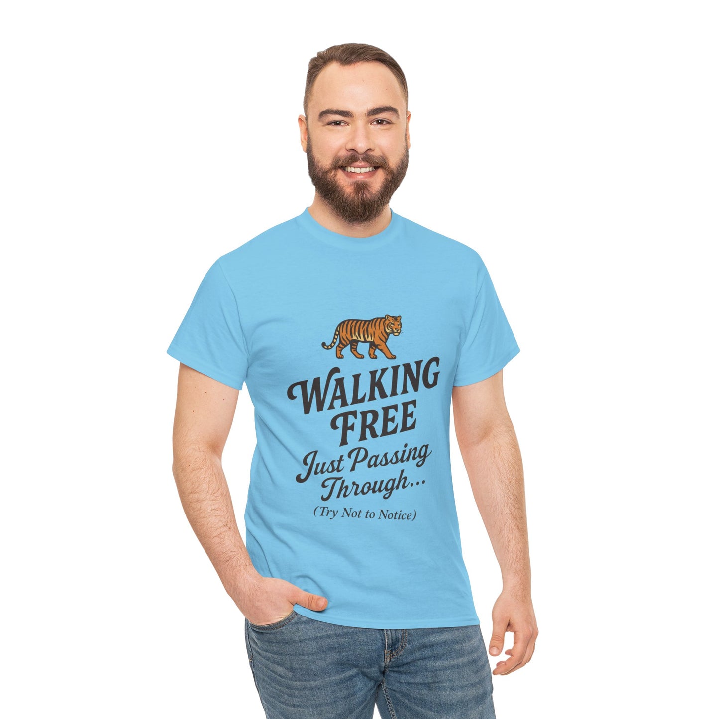 Walking Free Tiger Shirt for Men - Just Passing Through Funny Graphic Tee - Wild Animal Casual Top, Gift Nature Lovers