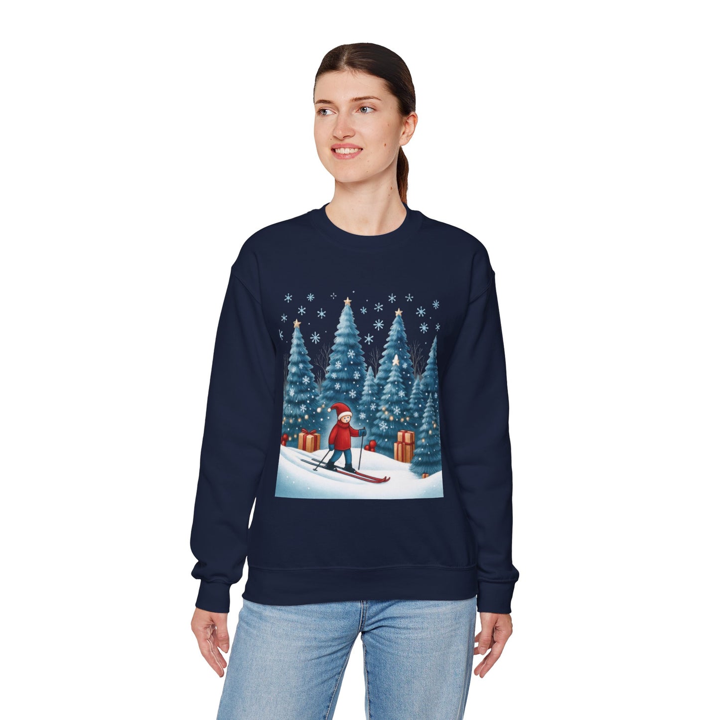 Womens Christmas Skiing Sweatshirt, Cozy Winter Holiday Pullover, Women's Heavy Blend™ Crewneck Sweatshirt