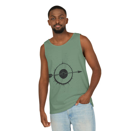 Mens Garment-Dyed Tank Top with Target Arrow Design, Casual Wear, Summer Essentials, Gym Wear, Gifts for Archery Lovers