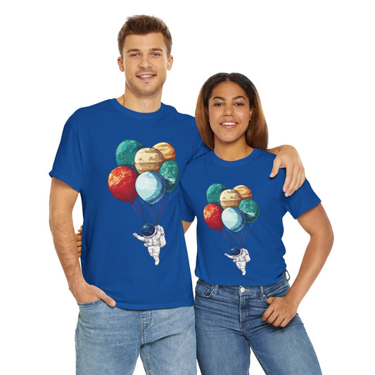 Astronaut with Planet Balloons T-Shirt, Space Lover Unisex Tee, Outer Space Graphic Shirt, Space Theme Shirt, Cosmic Adventure Top