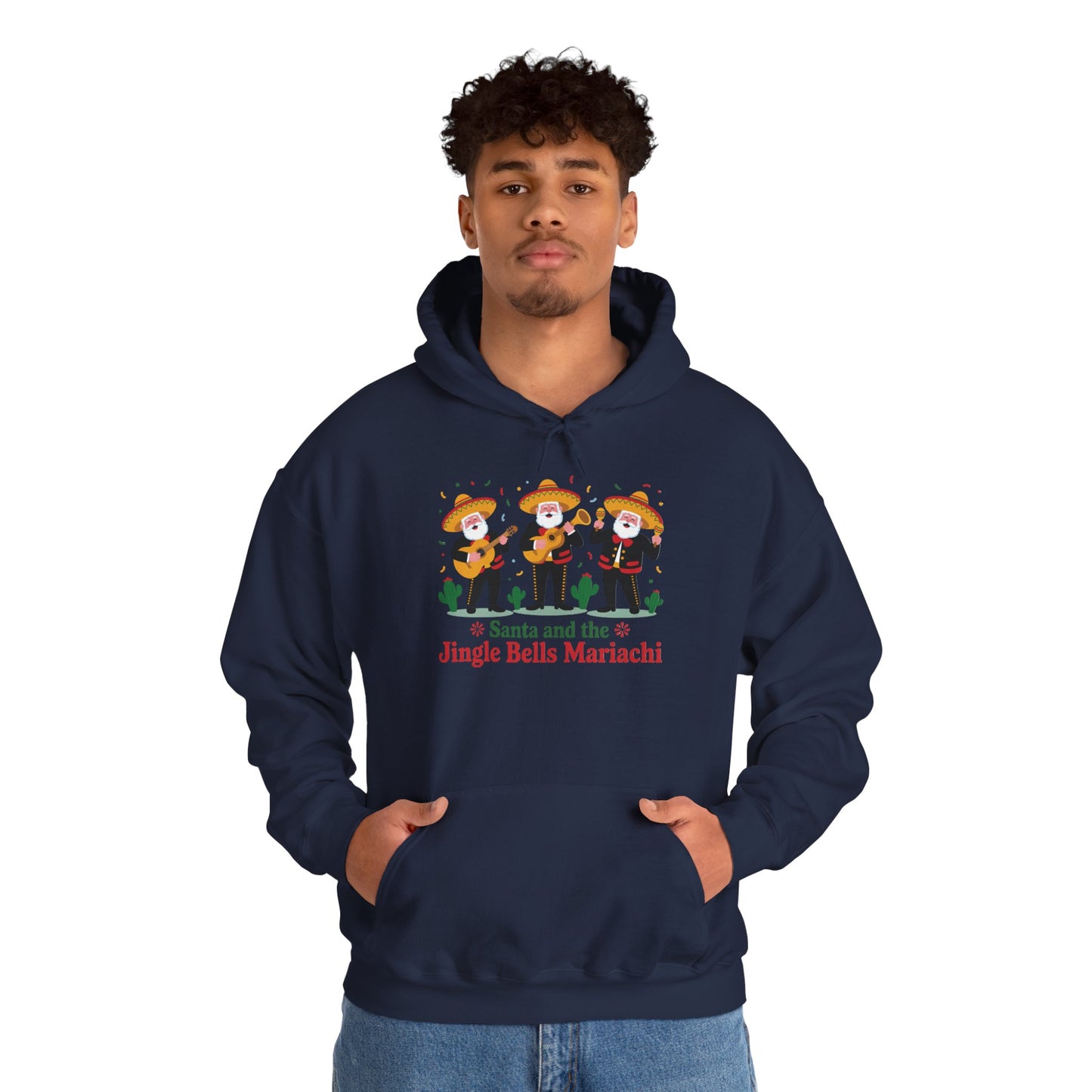 Santa and the Jingle Bells Mariachi Hoodie, Funny Mexican Santa Christmas Hoodie, Latin Fiesta Holiday Sweatshirt