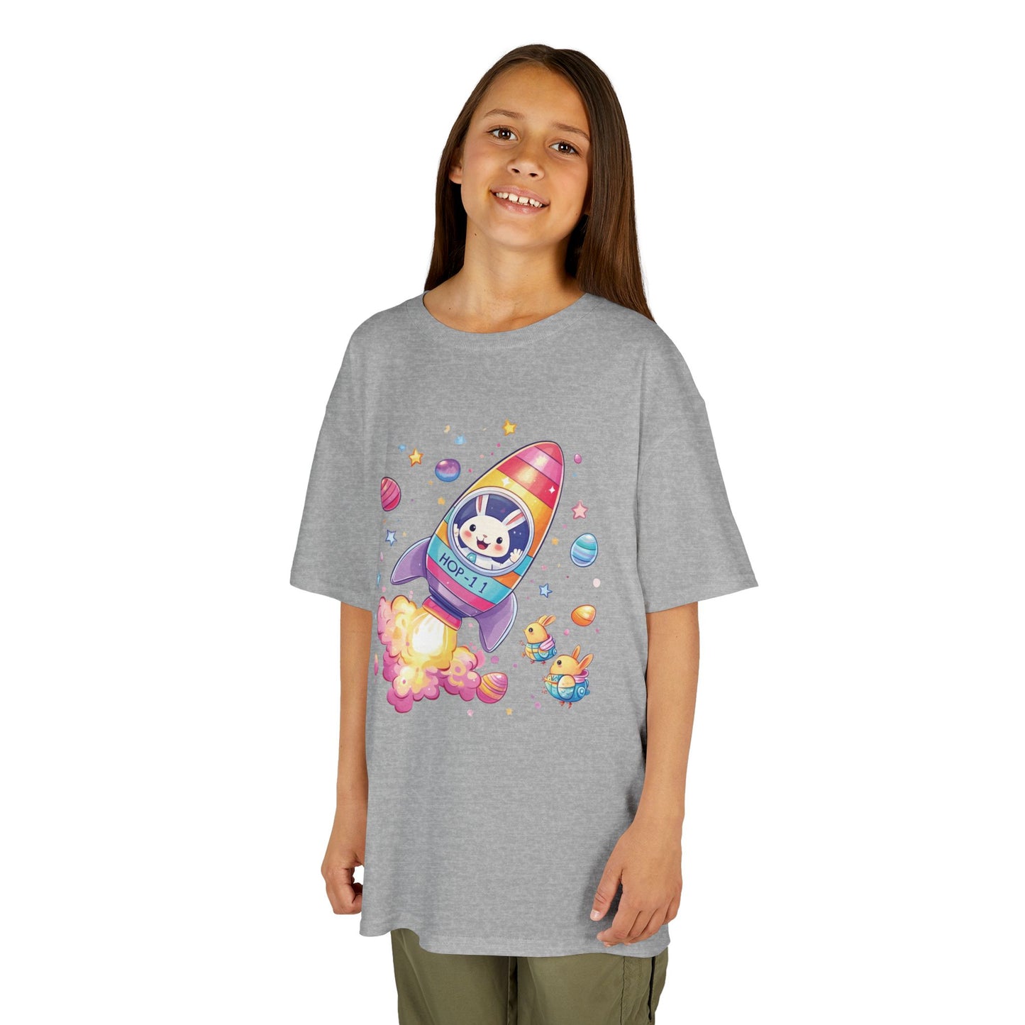 Easter Astronaut Bunny Kids T-Shirt - Cute Space Rocket Bunny with Colorful Eggs, Fun Spring Tee for Boys and Girls, Holiday Gift Idea