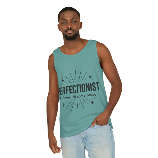 Mens Perfectionist Tank Top, No Flaws No Compromise, Minimal Bold Graphic Tee, Gift for OCD, Clean Freak, or Detail-Oriented Men