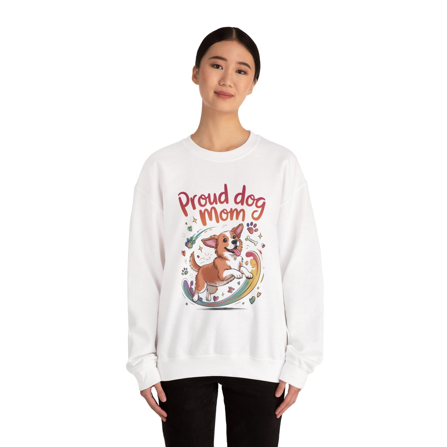 Proud Dog Mom Crewneck Sweatshirt, Pet Lover Gift, Dog Mom Apparel, Animal Lover Clothing, Gift for Dog Moms, Puppy Paw Rainbow Print