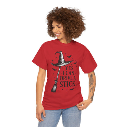 Yes I Can Drive a Stick Witch Hat Broom Halloween Women's T-Shirt, Funny Spooky Graphic Tee, Witch Shirt,