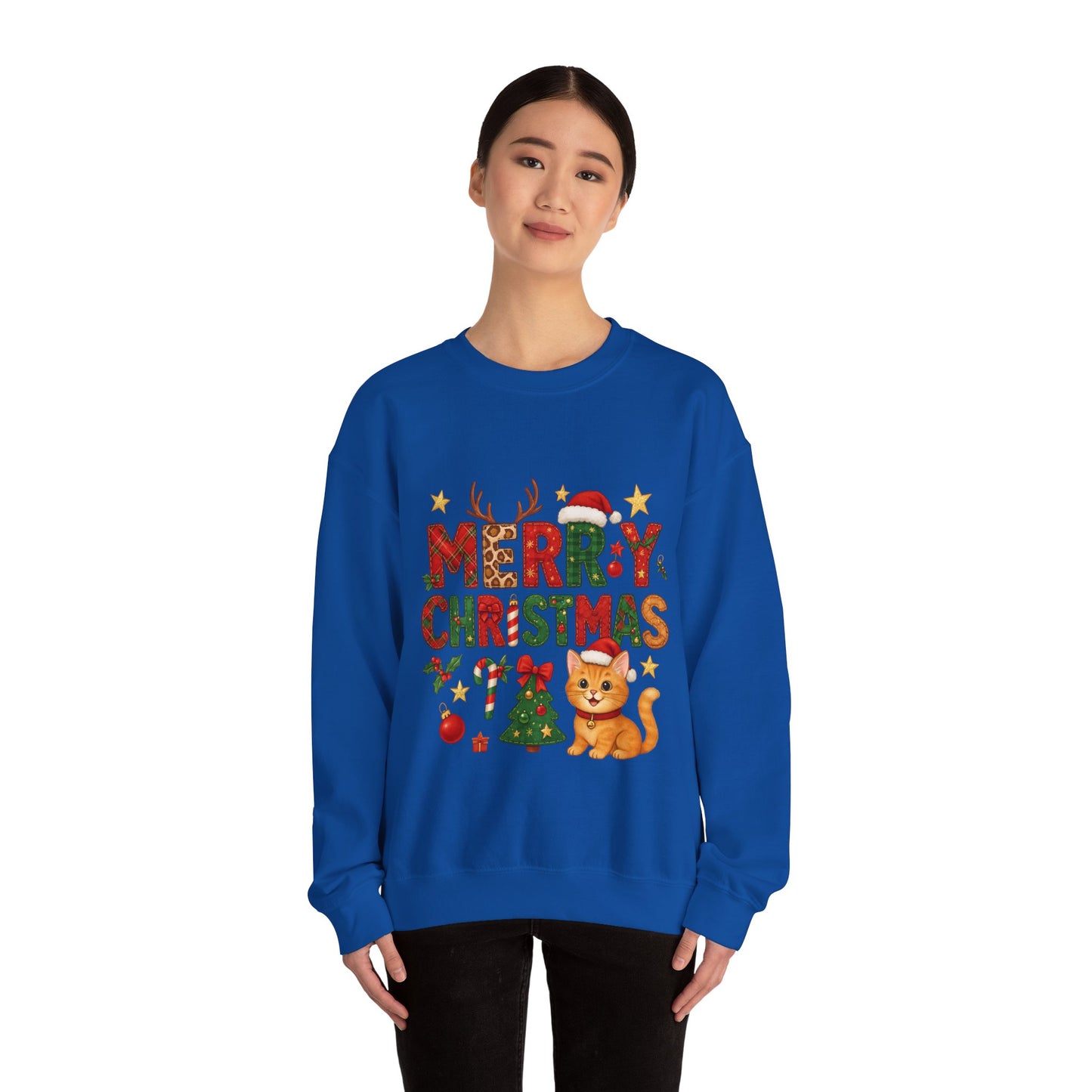 Women's Merry Christmas Cat Sweatshirt, Cozy Holiday Cat Lover Pullover, Women's Heavy Blend™ Crewneck Sweatshirt