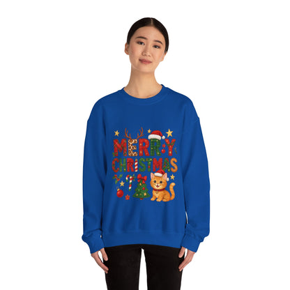 Women's Merry Christmas Cat Sweatshirt, Cozy Holiday Cat Lover Pullover, Women's Heavy Blend™ Crewneck Sweatshirt