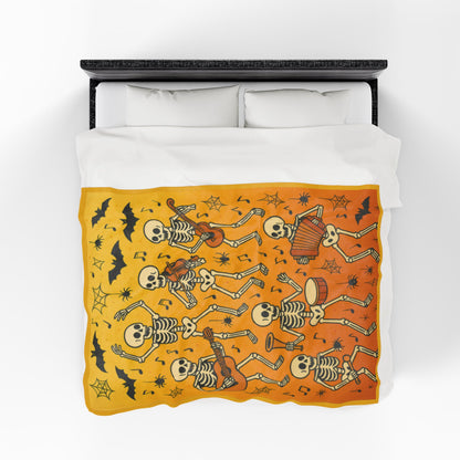 Dancing Skeleton Halloween Velveteen Plush Blanket, Funny Spooky Skeleton Band Throw Blanket, Cozy Fall Gothic Home Decor, Music Lover Gift