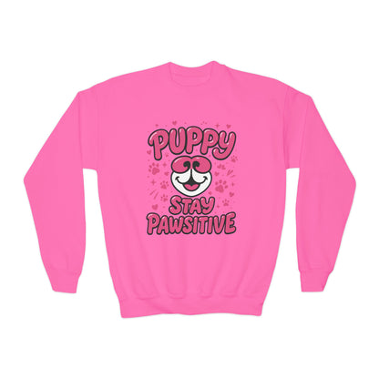 Youth Puppy Crewneck Sweatshirt - Stay Pawsitive Design, Cute Pet Apparel, Kids Sweatshirt, Animal Lover Gift, Cozy Winter Wear, Kids Gift
