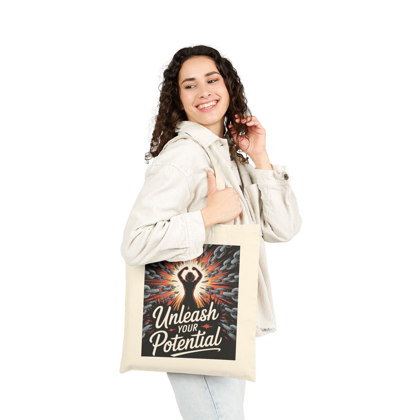 Unleash Your Potential Tote Bag, Motivational Empowerment Canvas Bag with Strong Woman & Chains Design, Fitness & Feminist Gift