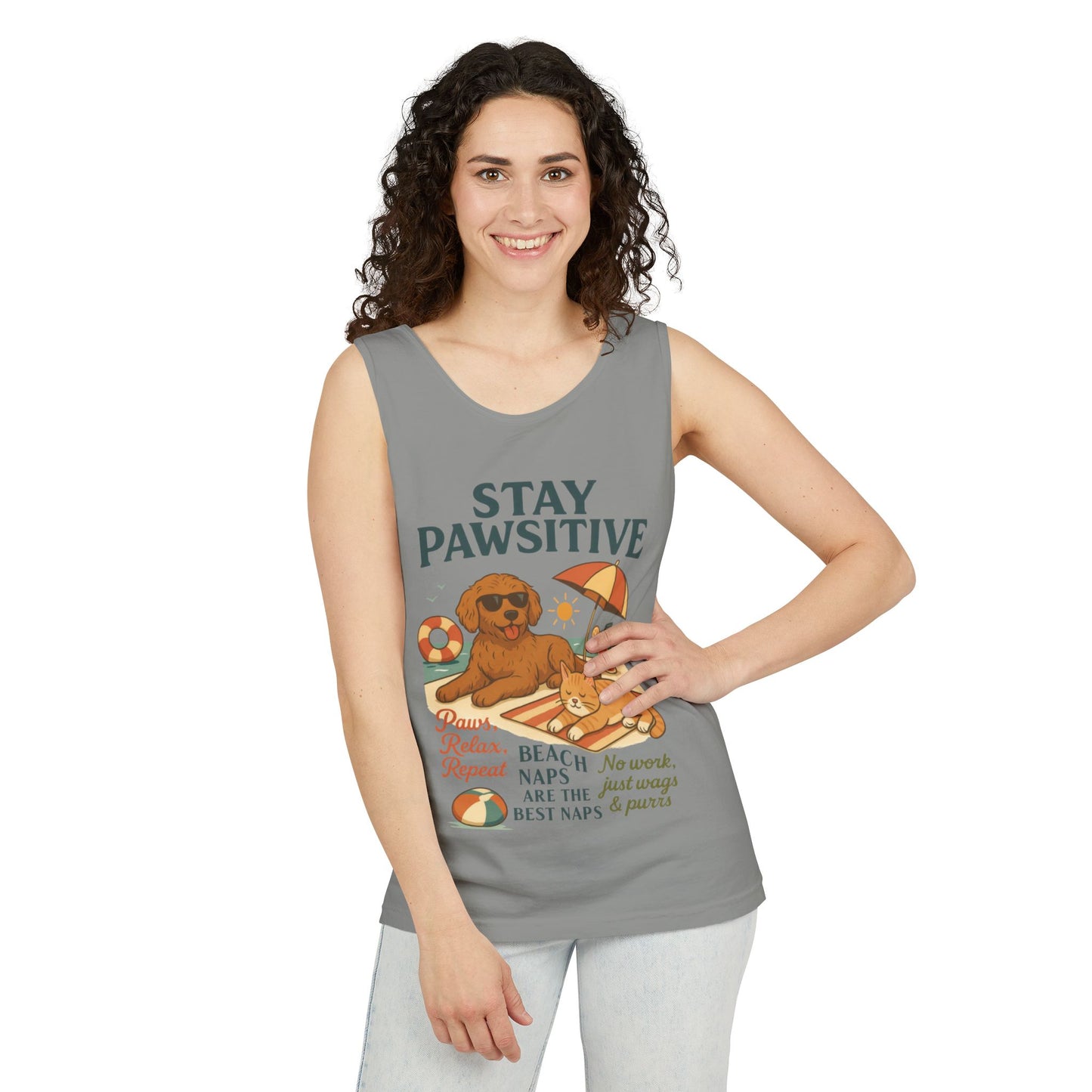 Stay Pawsitive Womens Tank, Cute Dog & Cat Beach Tee, Summer Pet Lover Tee, Animal Graphic Heavy Cotton Tee, Fun Pet Lovers Gift, Summer Top