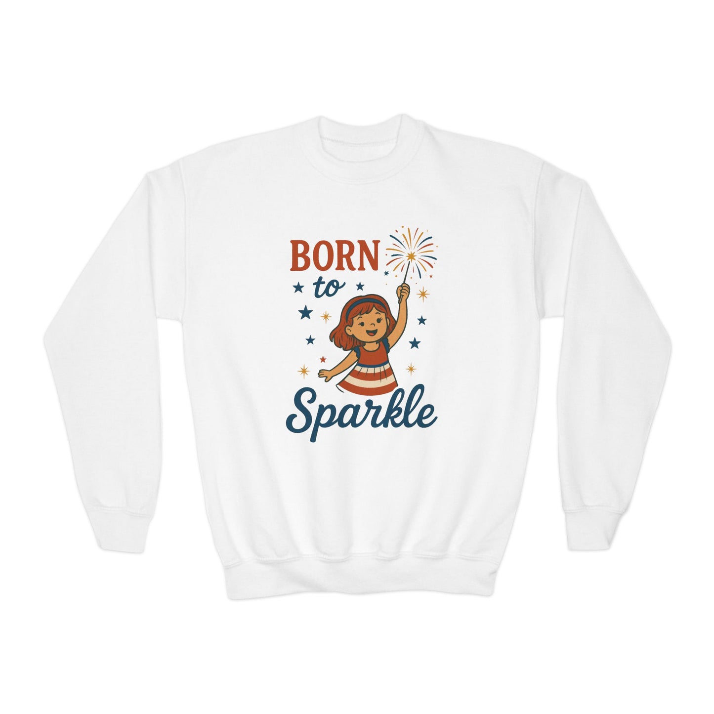 4th of July Youth Crewneck Sweatshirt, Born to Sparkle Tee, Patriotic Fireworks Toddler Crewneck, Independence Day Outfit for Tween Girls