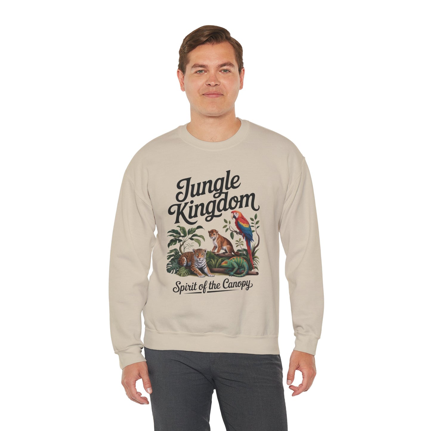 Jungle Kingdom Mens Sweatshirt, Cozy Jungle Crewneck, Nature Lover Gift, Wildlife Artwork, Eco-Conscious Apparel, Animal Enthusiast Clothing
