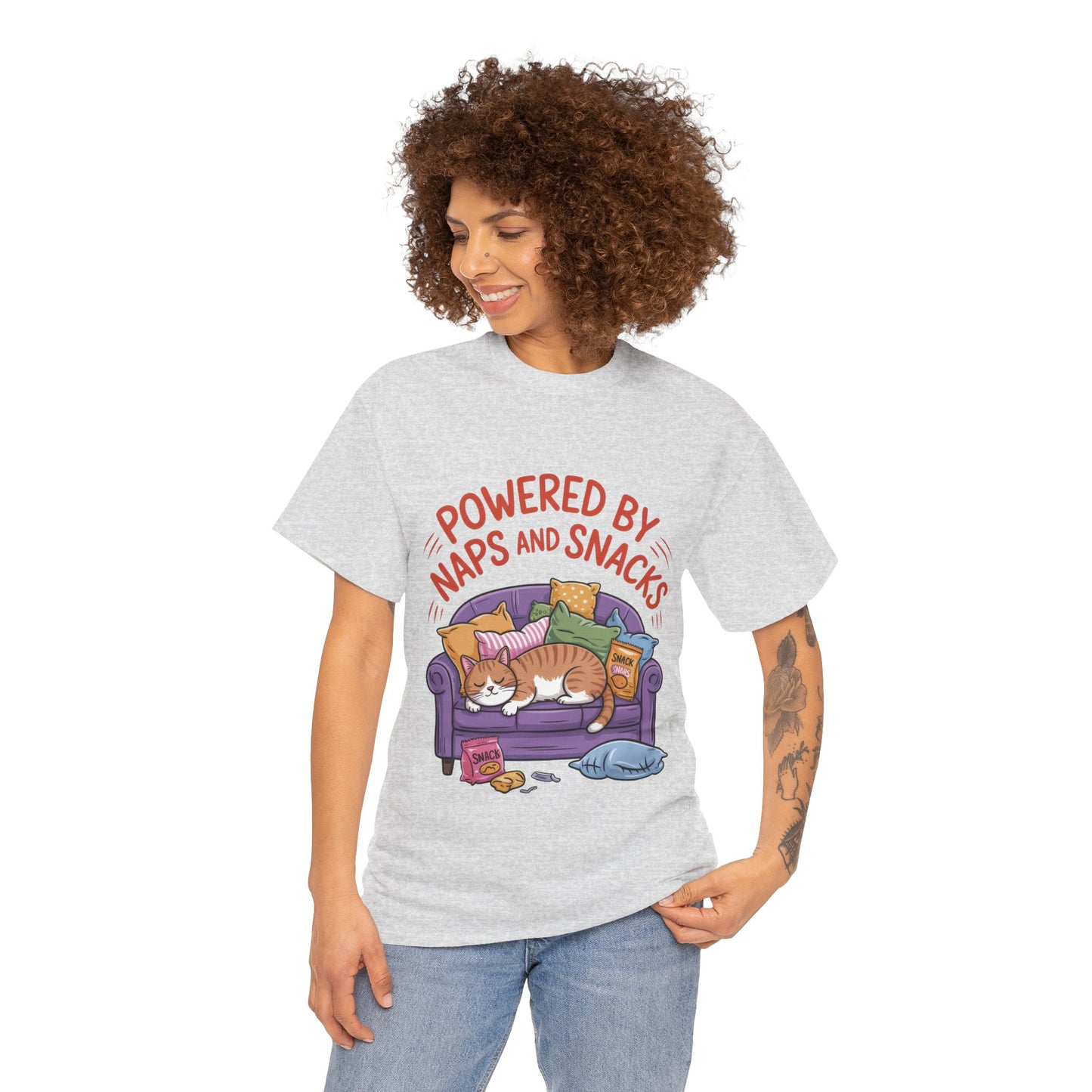 Powered by Naps and Snacks Cat T-Shirt, Funny Lazy Cat Lover Womens Tee, Cute Humor Shirt, Cozy Gift for Her, Cozy Cat Lover T-Shirt