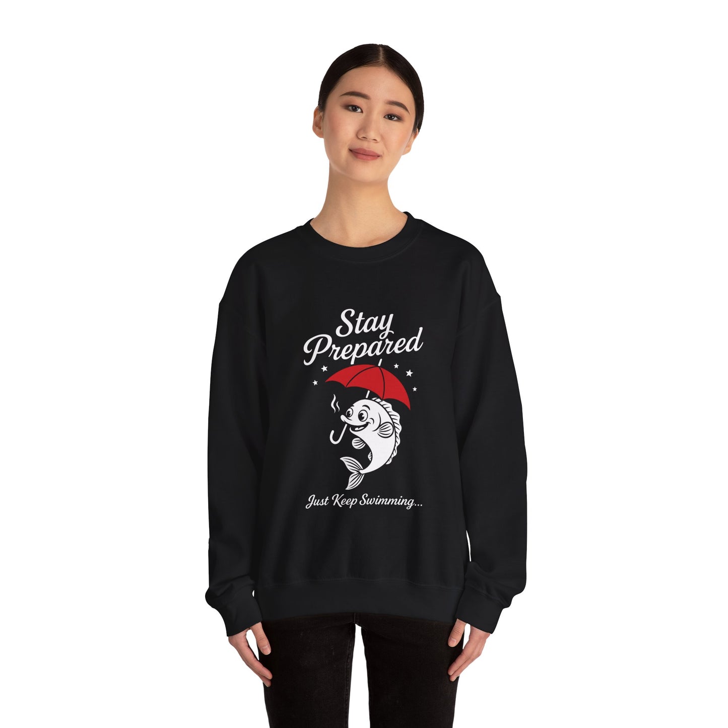 Funny Fish Womens Crewneck Sweatshirt - Stay Prepared Just Keep Swimming Nautical Pullover - Cozy Positive Gift, Fishing Humor