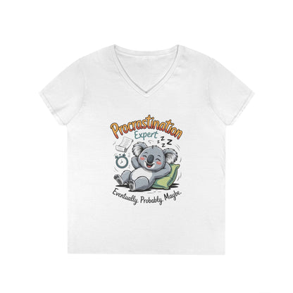 Procrastination Expert Ladies' V-Neck T-Shirt, Fun Tee for Lazy Days, Gift for Students, Casual Wear, Motivational Shirt, Cute Koala Design