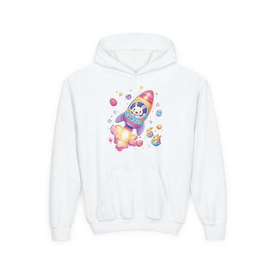 Easter Astronaut Bunny Kids Hoodie - Rocket Bunny Design with Colorful Eggs, Fun Space Adventure Sweatshirt for Spring and Holiday Gifts