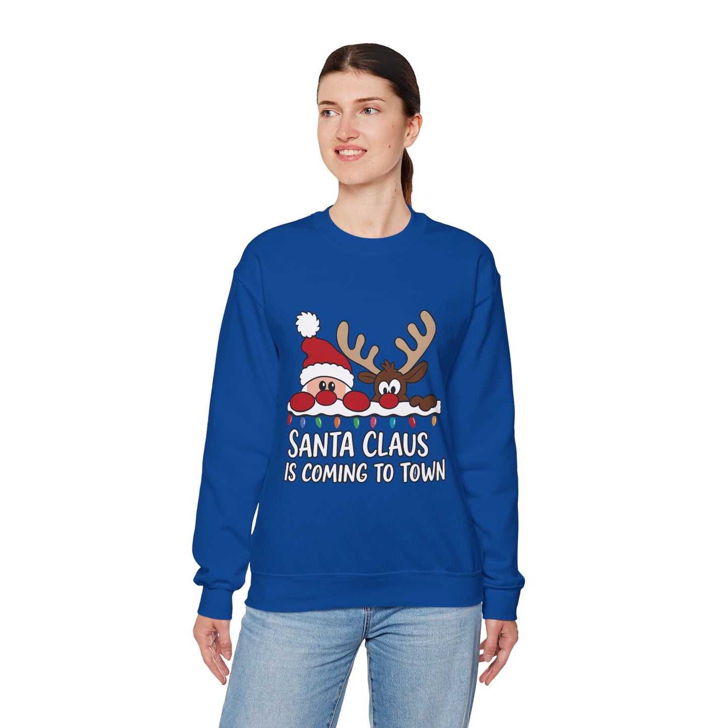 Santa Claus Is Coming to Town Women's Christmas Sweatshirt, Cute Santa - Reindeer Holiday Jumper