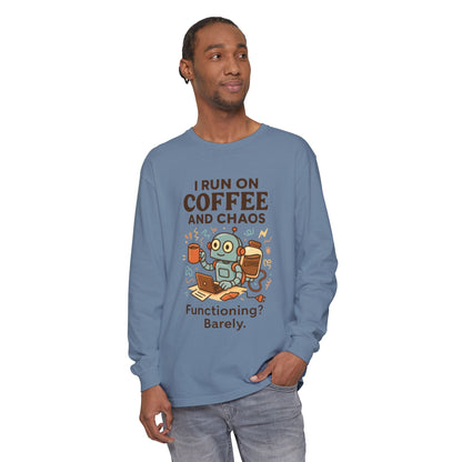 Coffee Chaos Long Sleeve Tee, Funny T-Shirt, Quirky Gift for Coffee Lovers, Unisex Top for Busy Lives, Work from Home Humor Tee
