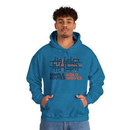 Men's Heavy Blend™ Hooded Sweatshirt, Simple Routes Bold Moves Hoodie, Unisex Metro Map Graphic, Urban Streetwear