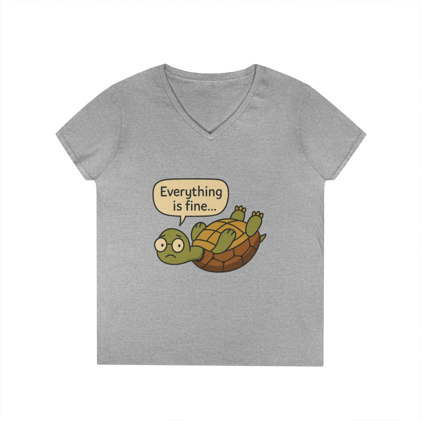 Cute & Comfy Turtle V-Neck T-Shirt - "Everything is fine..." design, Gift for Animal Lovers, Casual Wear, Fun Quotes, Positive message tee