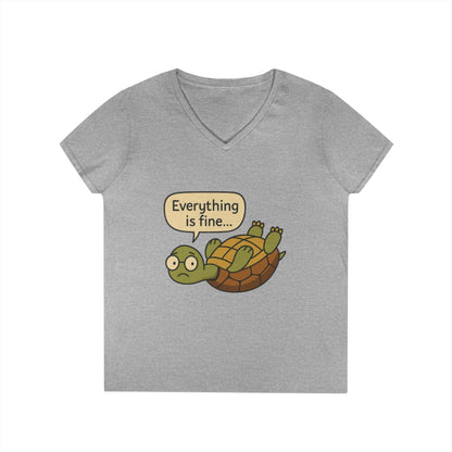 Cute & Comfy Turtle V-Neck T-Shirt - "Everything is fine..." design, Gift for Animal Lovers, Casual Wear, Fun Quotes, Positive message tee