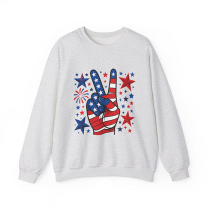 Patriotic Peace Crewneck Sweatshirt - Unisex Heavy Blend, 4th of July Clothing, Peace Sign Design, Casual Wear, Gift for Him/Her