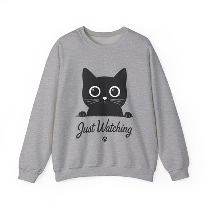 Funny Black Cat Womens Crewneck Sweatshirt - Just Watching Minimalist Kitty Pullover - Cozy Cat Lover Gift, Pet Owner Apparel