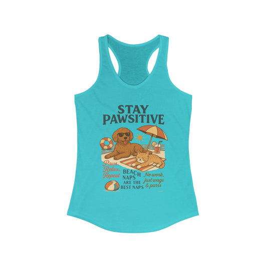 Stay Pawsitive Womens Tank, Cute Dog & Cat Beach Tee, Summer Pet Lover Tee, Animal Graphic Heavy Cotton Tee, Fun Pet Lovers Gift
