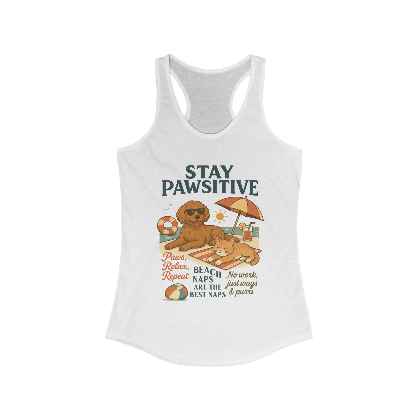 Stay Pawsitive Womens Tank, Cute Dog & Cat Beach Tee, Summer Pet Lover Tee, Animal Graphic Heavy Cotton Tee, Fun Pet Lovers Gift