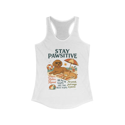 Stay Pawsitive Womens Tank, Cute Dog & Cat Beach Tee, Summer Pet Lover Tee, Animal Graphic Heavy Cotton Tee, Fun Pet Lovers Gift